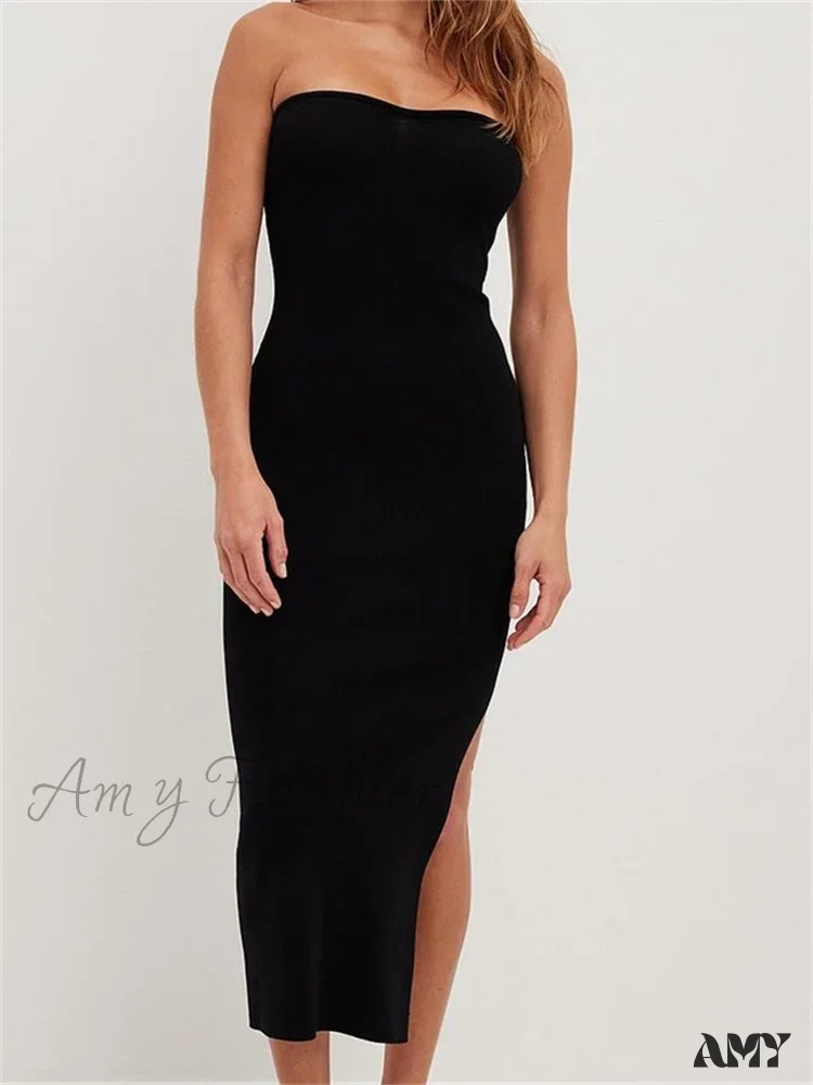 Amy Fashion - Sexy Women  Tube Solid Strapless Off Shoulder Backless Summer Side Split Party Knitted Vestidos - Image 8