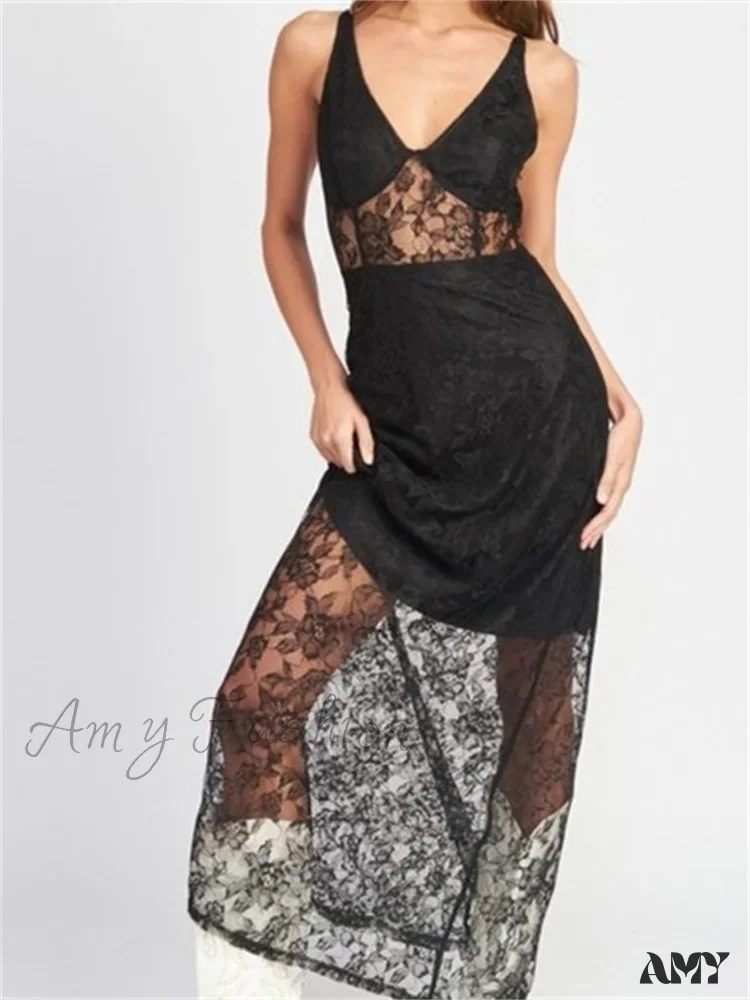 Amy Fashion - Sexy Women V Neck Sleeveless  Lace Patchwork Flower Embroidery Slim Tank  Summer Party Vestidos - Image 5