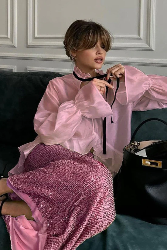 Sheer Bell-Sleeve Stylish Sexy Blouse - Image 9