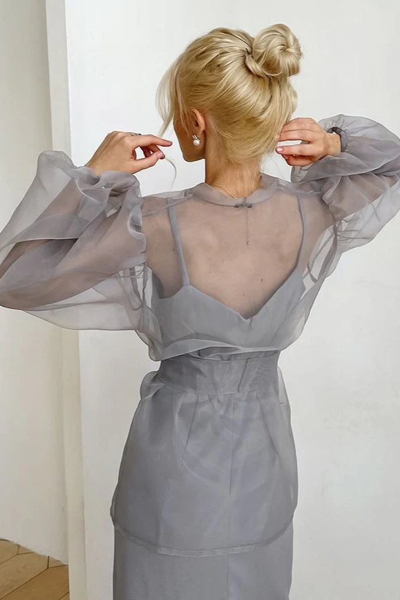 Sheer Mesh Puff-Sleeve Tie-Front Blouse - Image 2