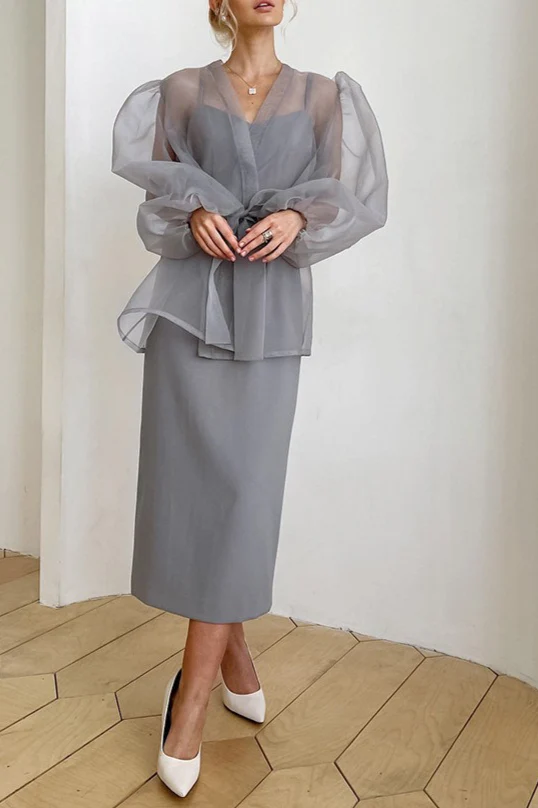 Sheer Mesh Puff-Sleeve Tie-Front Blouse - Image 3