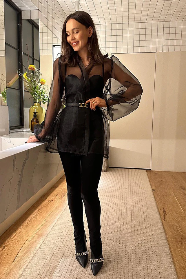 Sheer Mesh Puff-Sleeve Tie-Front Blouse - Image 7