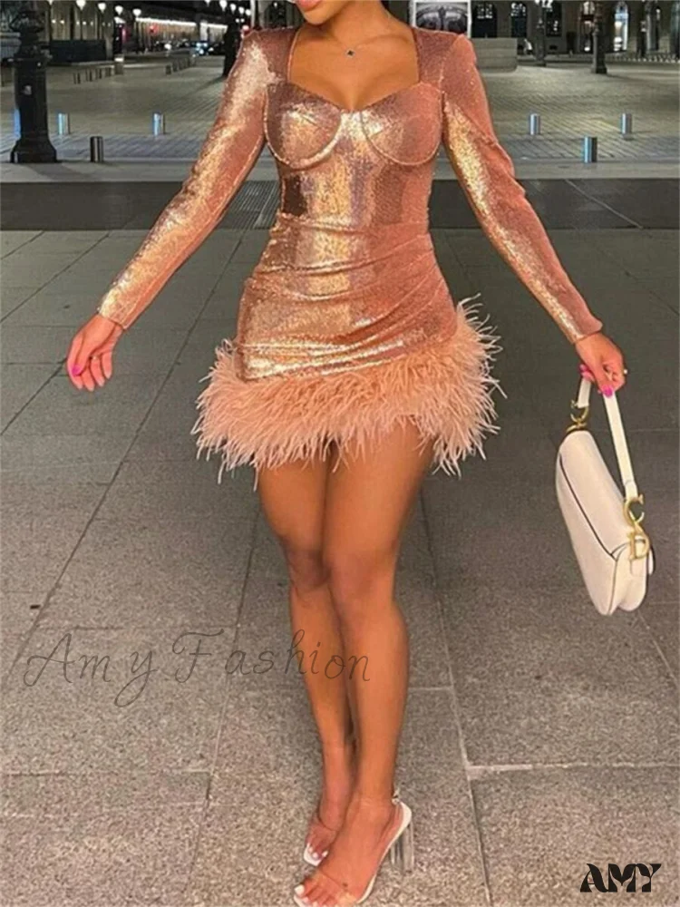 Amy Fashion - Shiny Glitters Feathers Trim Party Dress - Image 4