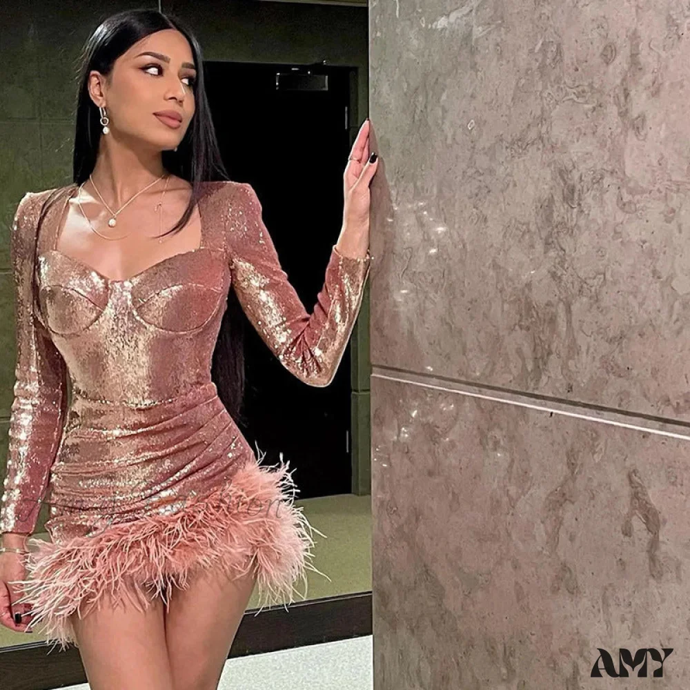 Amy Fashion - Shiny Glitters Feathers Trim Party Dress - Image 7