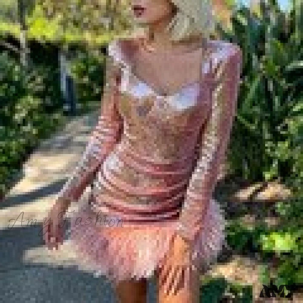 Amy Fashion - Shiny Glitters Feathers Trim Party Dress - Image 8