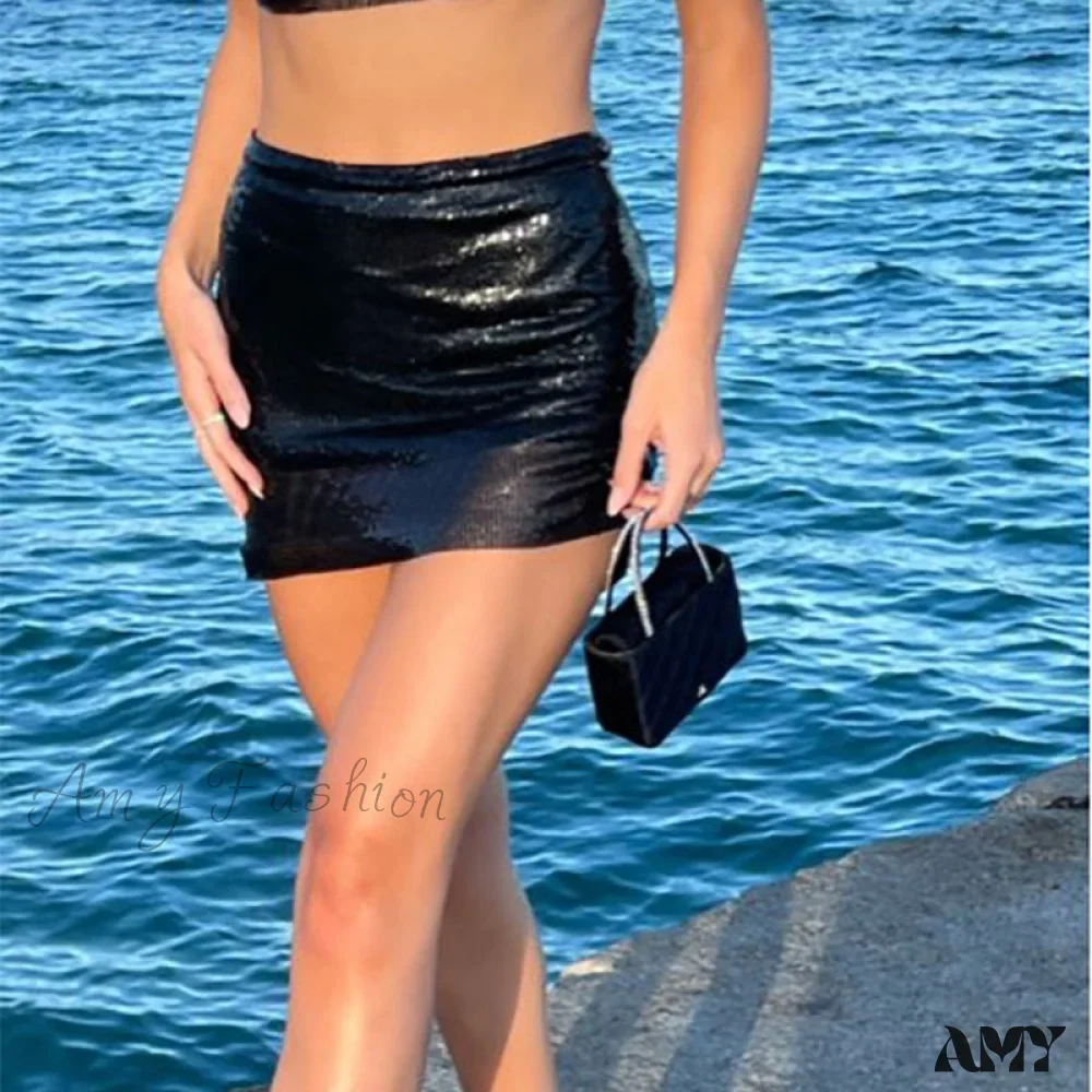Amy Fashion - Shiny Hollow Out Split Metal Sequins Solid See Through Skirt - Image 14