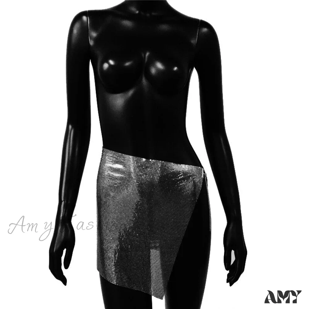 Amy Fashion - Shiny Hollow Out Split Metal Sequins Solid See Through Skirt - Image 16