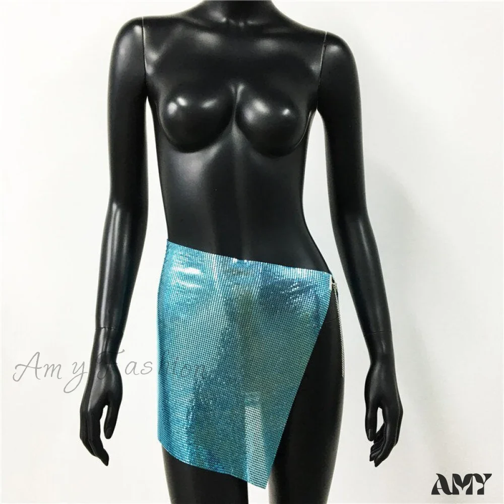 Amy Fashion - Shiny Hollow Out Split Metal Sequins Solid See Through Skirt - Image 5