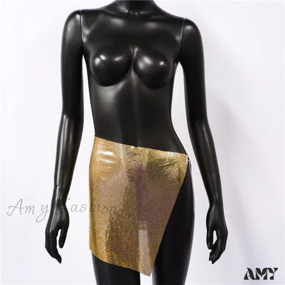 Amy Fashion - Shiny Hollow Out Split Metal Sequins Solid See Through Skirt - Image 6