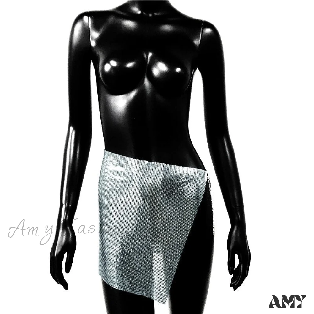 Amy Fashion - Shiny Hollow Out Split Metal Sequins Solid See Through Skirt - Image 8