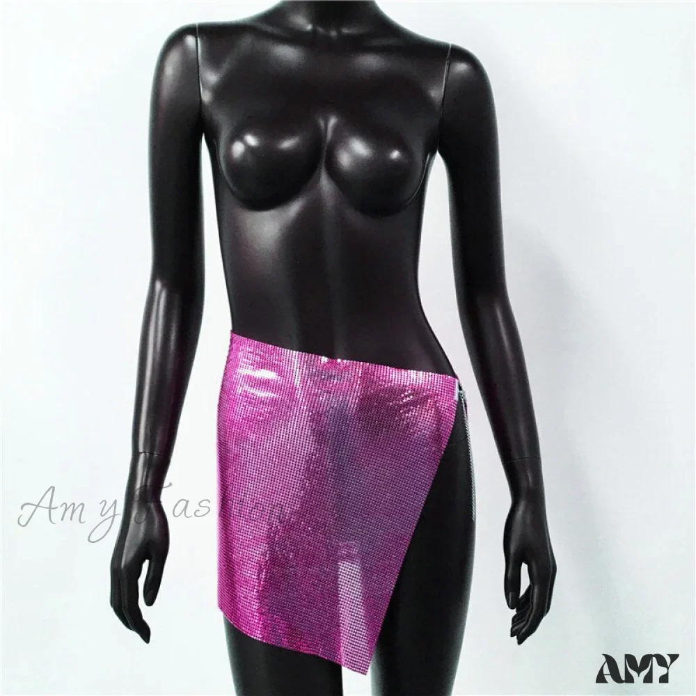Amy Fashion - Shiny Hollow Out Split Metal Sequins Solid See Through Skirt - Image 9