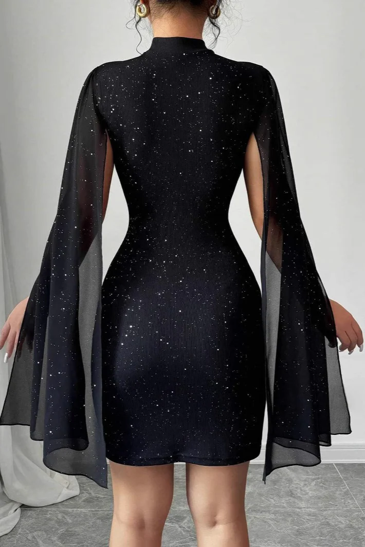 Shiny Printed High Neck Puff Sleeve Bodycon Party Dress - Image 3