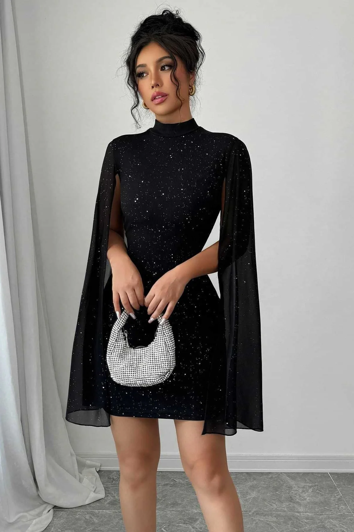 Shiny Printed High Neck Puff Sleeve Bodycon Party Dress - Image 4