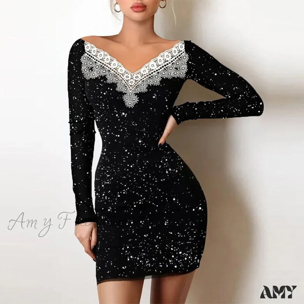 Amy Fashion - Shiny Silk Turtleneck Mesh Patchwork Long Sleeve A-line Dress - Image 10