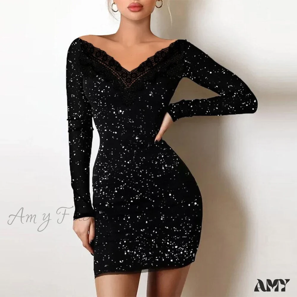 Amy Fashion - Shiny Silk Turtleneck Mesh Patchwork Long Sleeve A-line Dress - Image 11