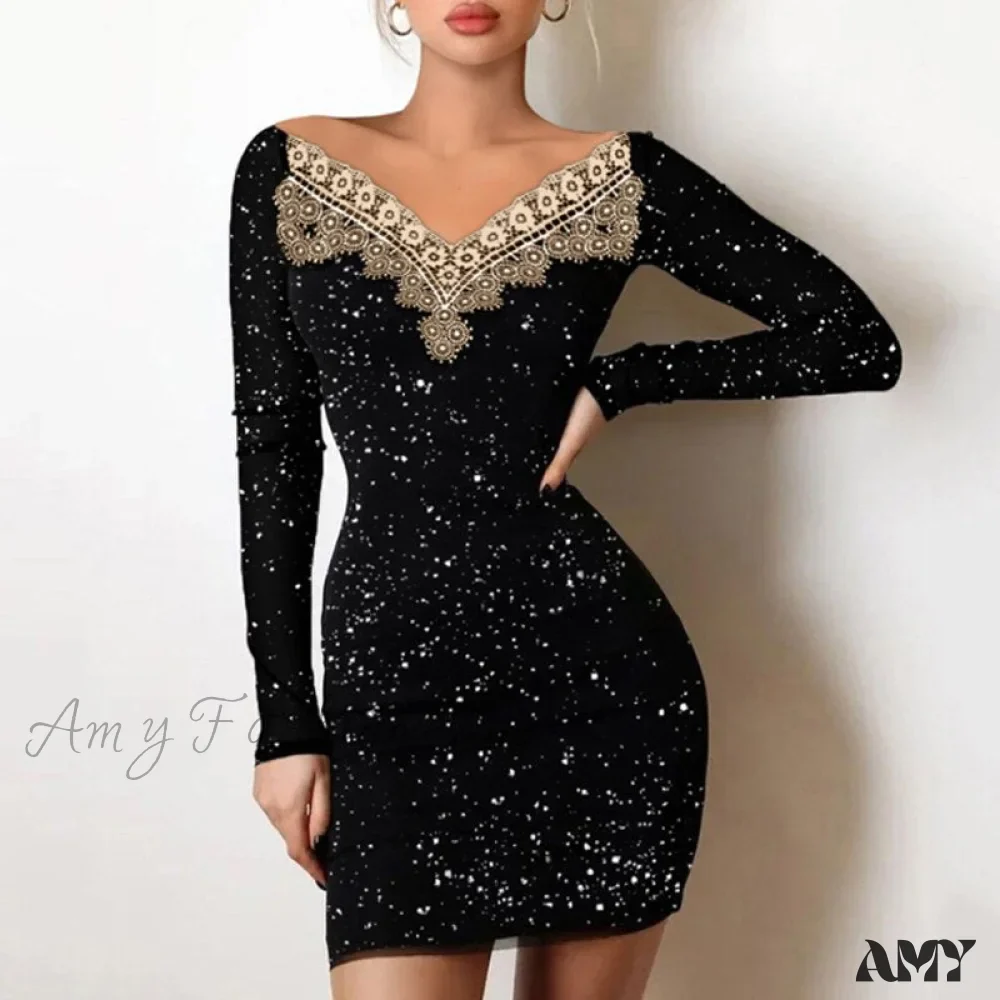 Amy Fashion - Shiny Silk Turtleneck Mesh Patchwork Long Sleeve A-line Dress - Image 12
