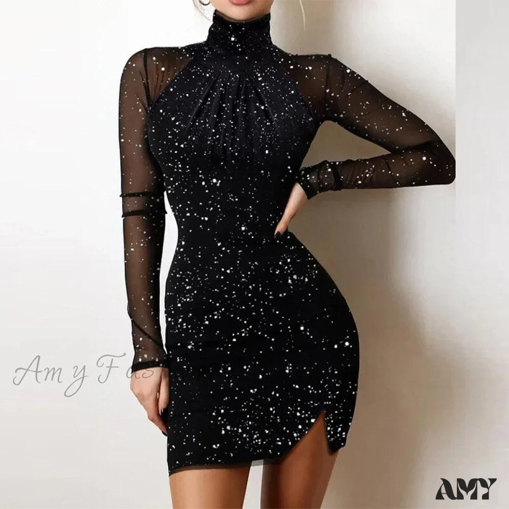 Amy Fashion - Shiny Silk Turtleneck Mesh Patchwork Long Sleeve A-line Dress - Image 14