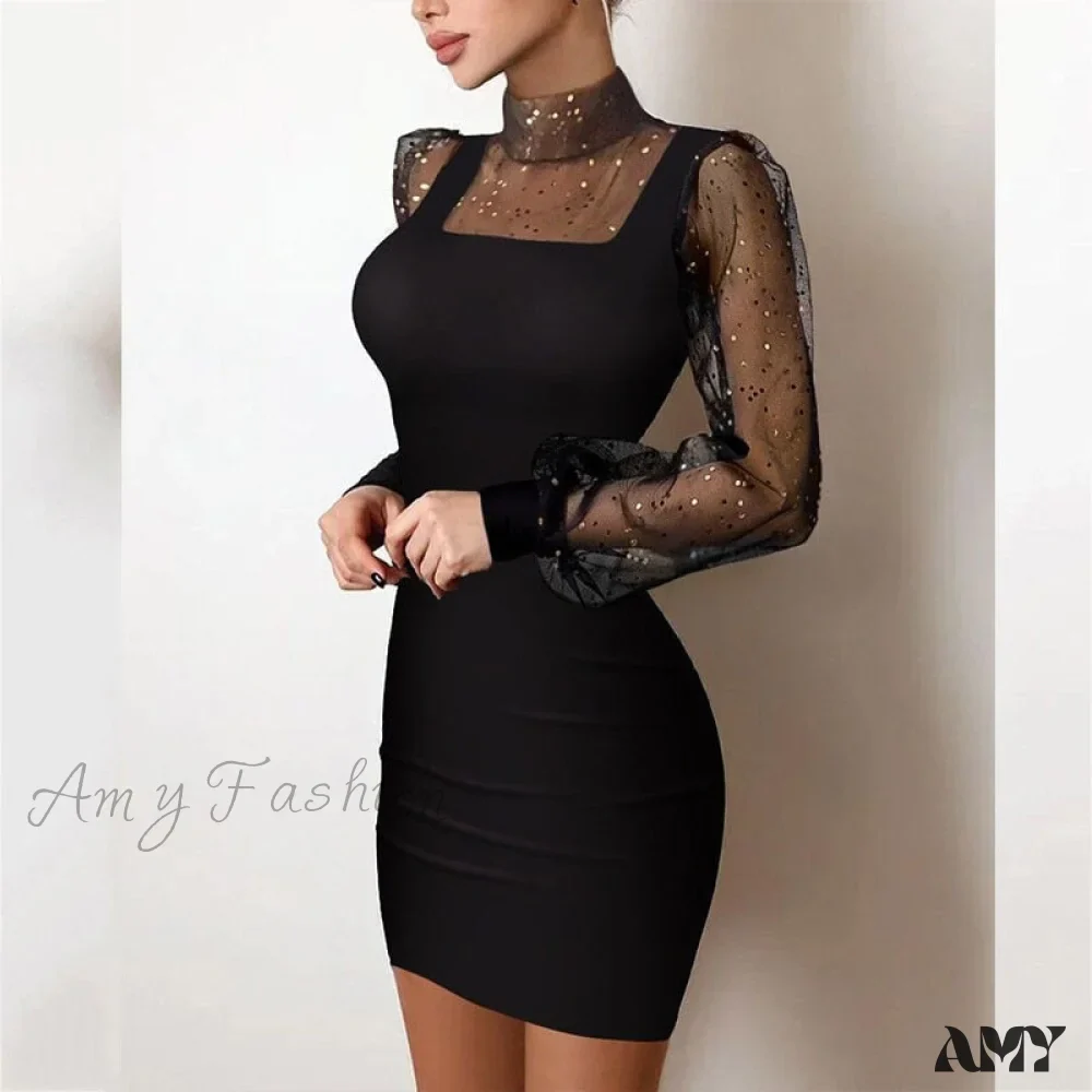 Amy Fashion - Shiny Silk Turtleneck Mesh Patchwork Long Sleeve A-line Dress - Image 16