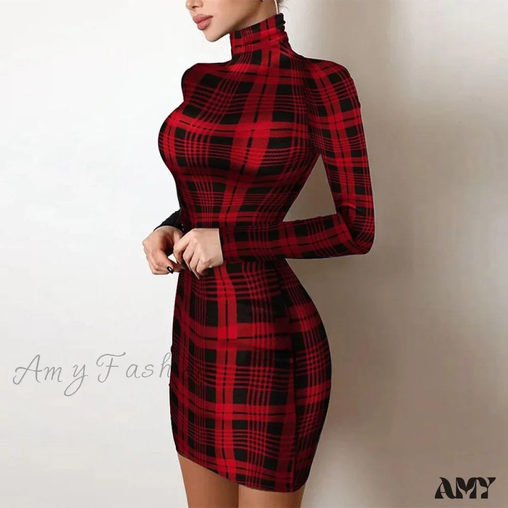 Amy Fashion - Shiny Silk Turtleneck Mesh Patchwork Long Sleeve A-line Dress - Image 19