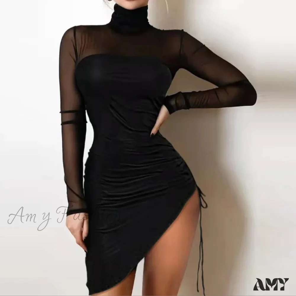 Amy Fashion - Shiny Silk Turtleneck Mesh Patchwork Long Sleeve A-line Dress - Image 20
