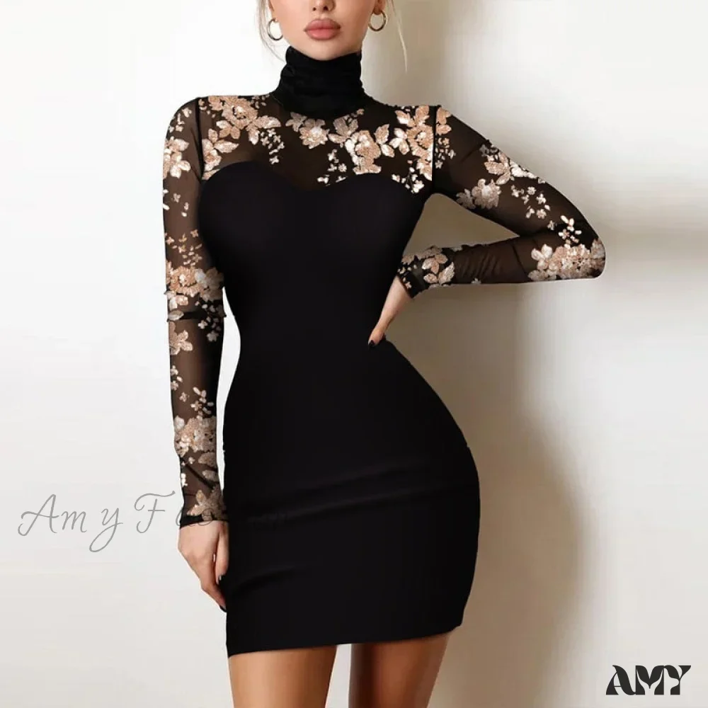 Amy Fashion - Shiny Silk Turtleneck Mesh Patchwork Long Sleeve A-line Dress - Image 3