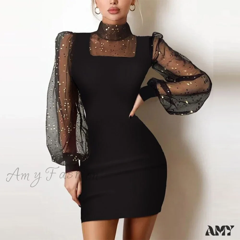 Amy Fashion - Shiny Silk Turtleneck Mesh Patchwork Long Sleeve A-line Dress - Image 7