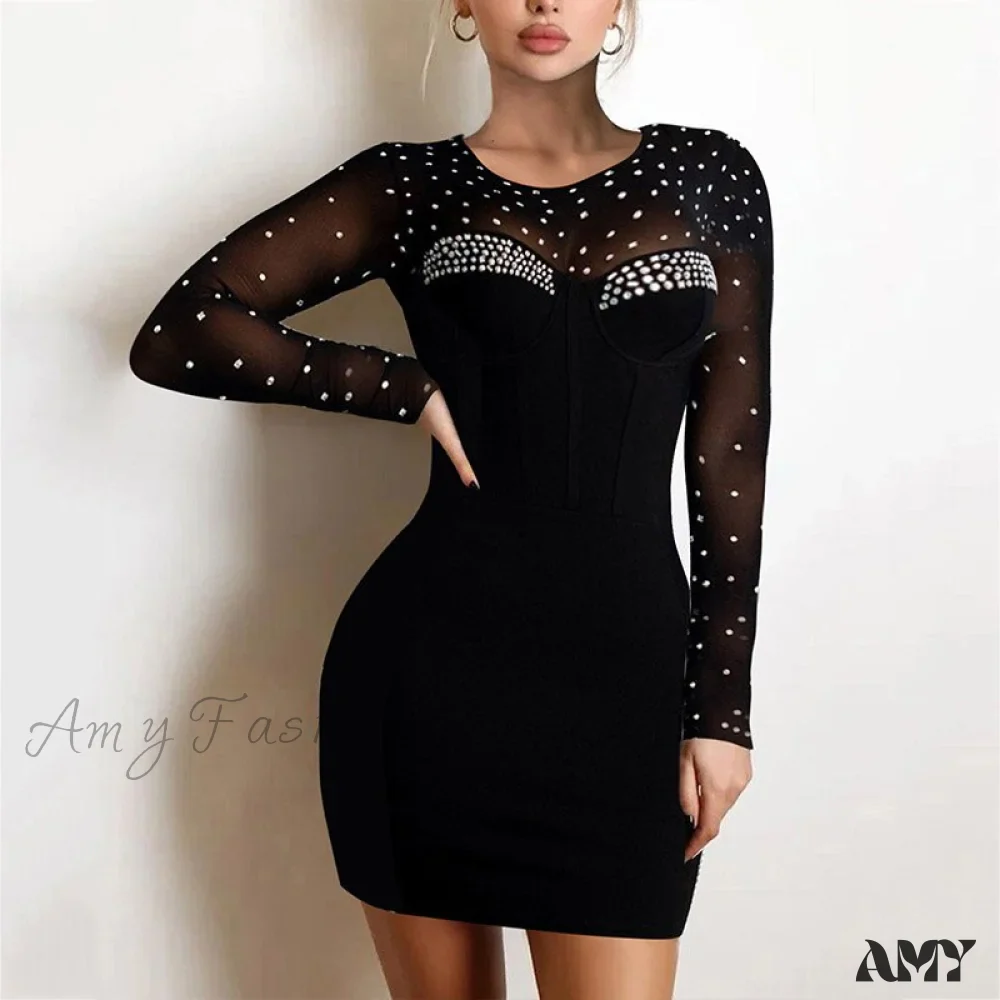 Amy Fashion - Shiny Silk Turtleneck Mesh Patchwork Long Sleeve A-line Dress - Image 8
