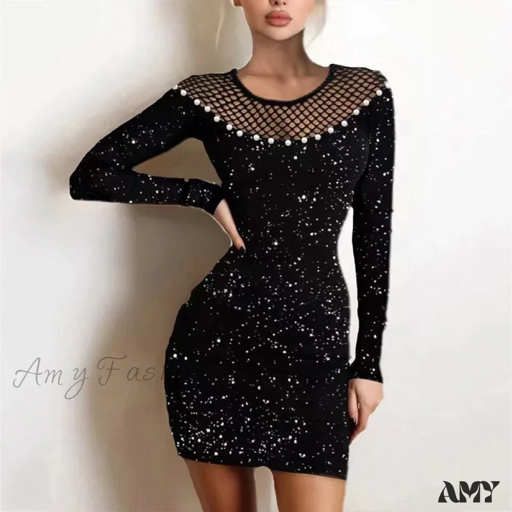 Amy Fashion - Shiny Silk Turtleneck Mesh Patchwork Long Sleeve A-line Dress - Image 9