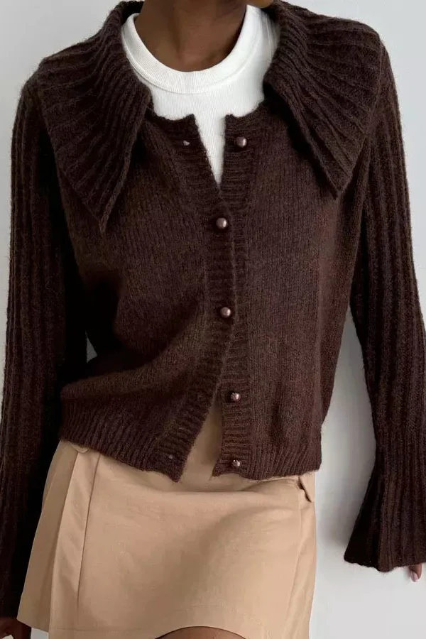 Short Collared Flared Sleeve Knit Cardigan - Image 2