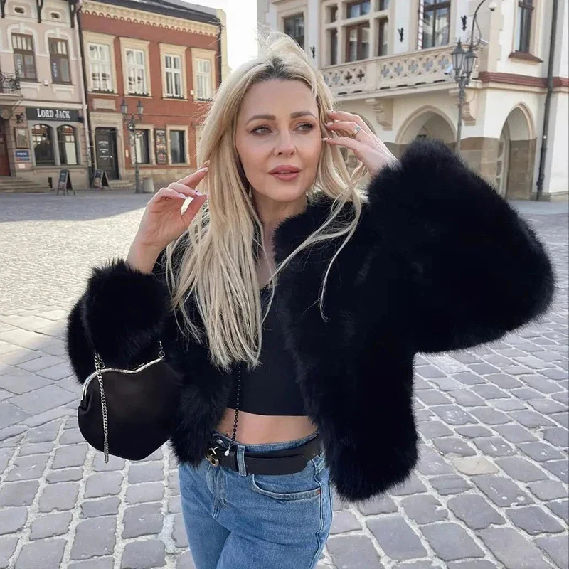 Short Fluffy Faux Fur Winter Coat - Image 3