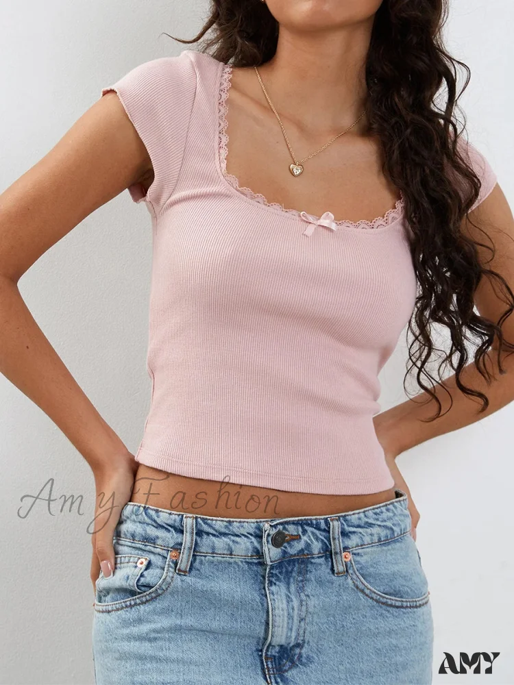 Short Sleeve Square Neck Lace Patchwork Bow Summer Streetwear Crop Top - Image 3