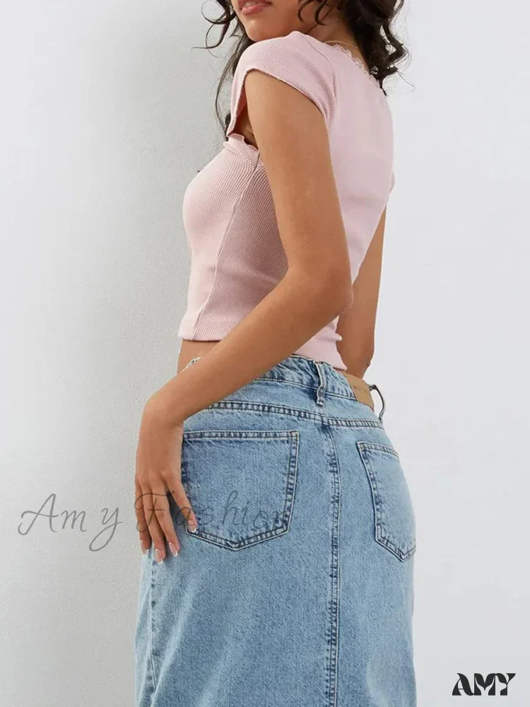 Short Sleeve Square Neck Lace Patchwork Bow Summer Streetwear Crop Top - Image 4