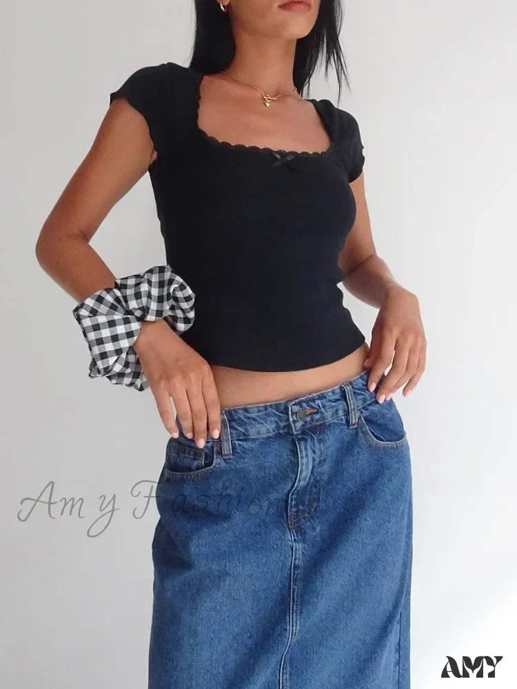 Short Sleeve Square Neck Lace Patchwork Bow Summer Streetwear Crop Top - Image 5