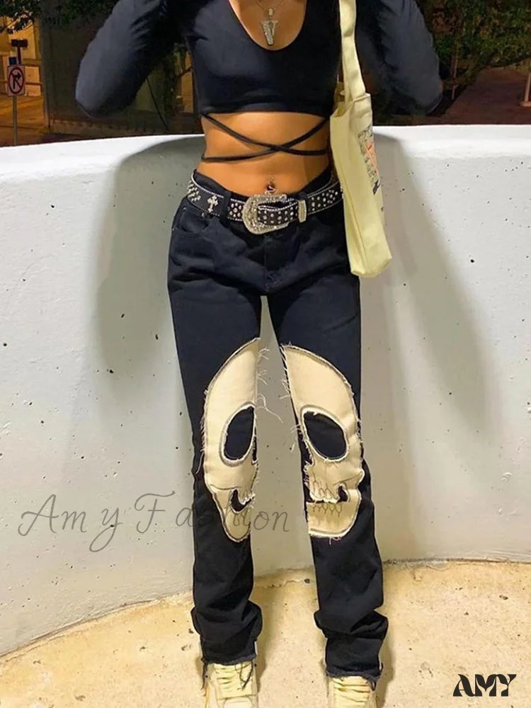 Amy Fashion - Gothic Skeleton Print Y2K Black Jeans - Image 2