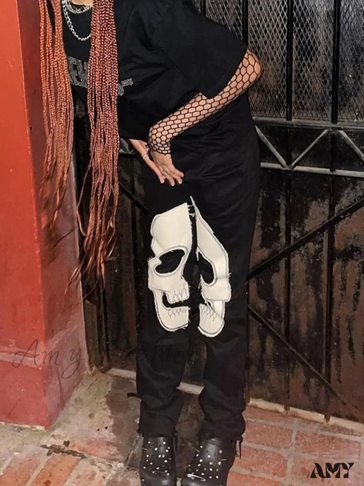 Amy Fashion - Gothic Skeleton Print Y2K Black Jeans - Image 6