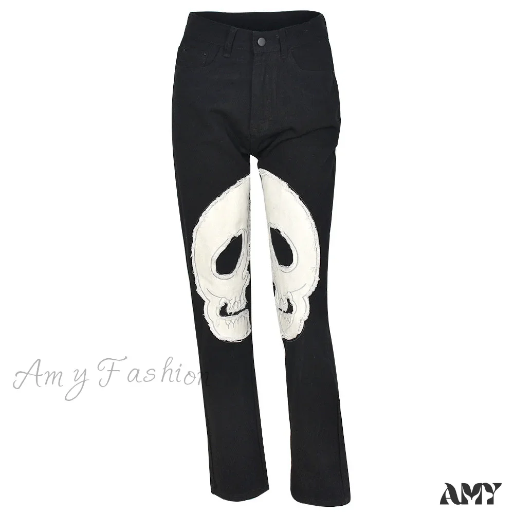 Amy Fashion - Gothic Skeleton Print Y2K Black Jeans - Image 7