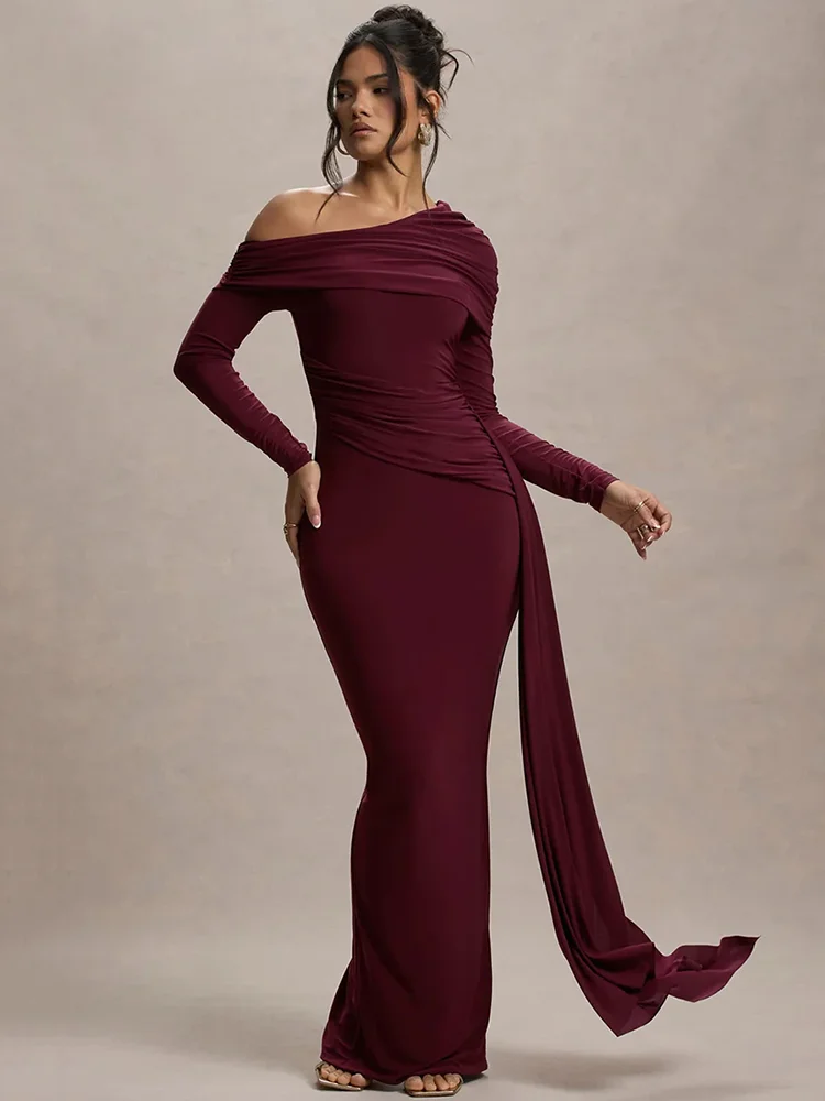 Skew Collar Draped Sleeve Bodycon Dress - Image 2