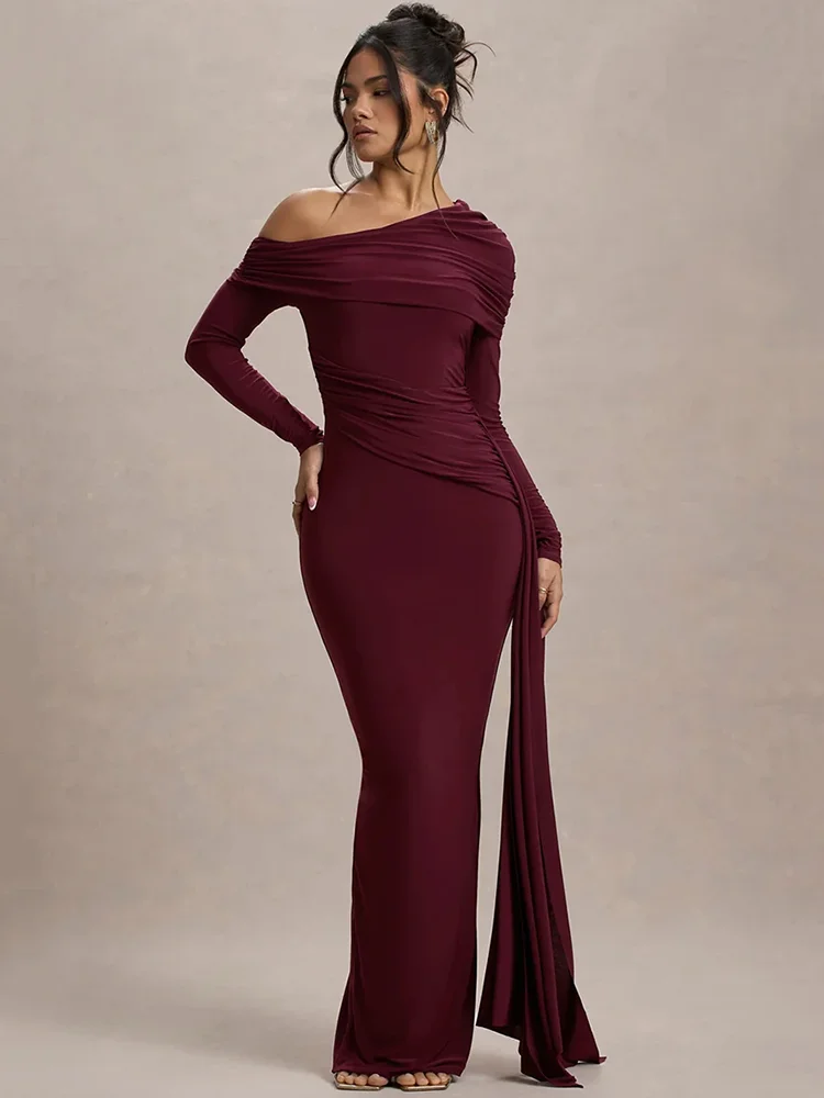 Skew Collar Draped Sleeve Bodycon Dress - Image 3