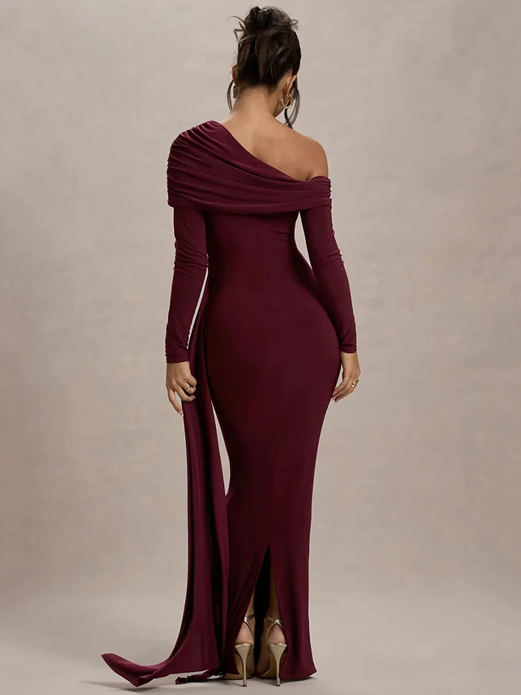 Skew Collar Draped Sleeve Bodycon Dress - Image 4