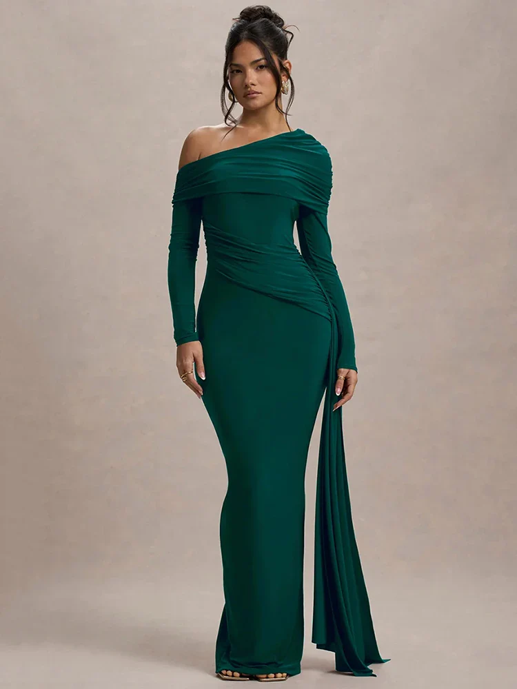 Skew Collar Draped Sleeve Bodycon Dress - Image 5