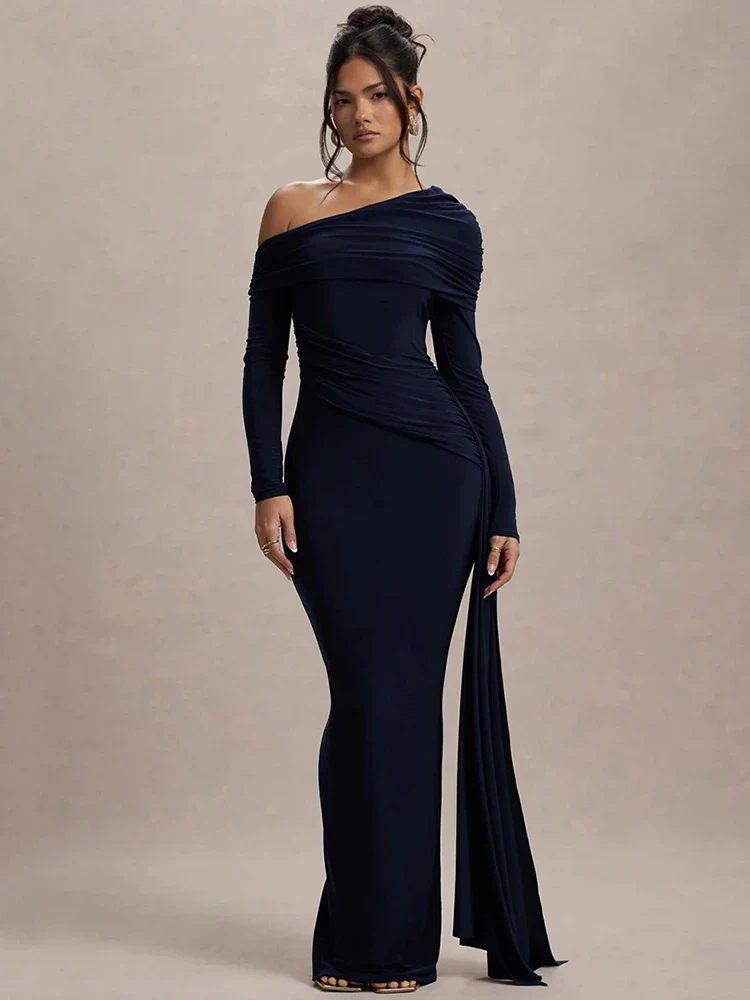 Skew Collar Draped Sleeve Bodycon Dress - Image 6