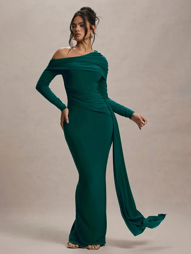 Skew Collar Draped Sleeve Bodycon Dress - Image 7