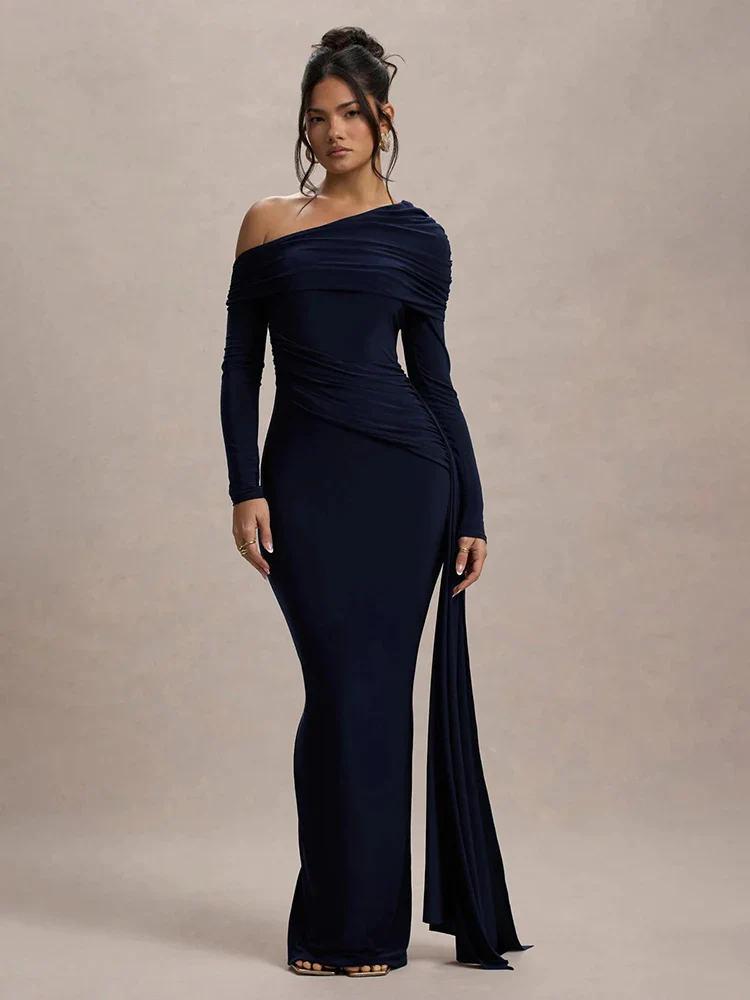 Skew Collar Draped Sleeve Bodycon Dress - Image 8