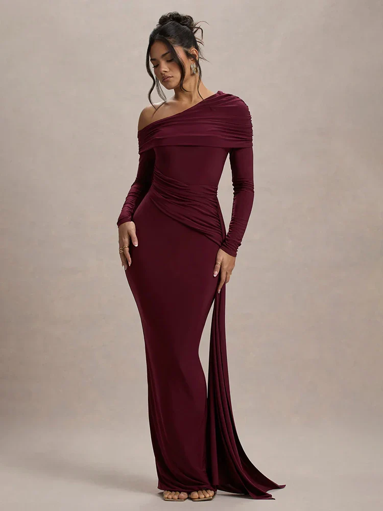 Skew Collar Draped Sleeve Bodycon Dress - Image 9