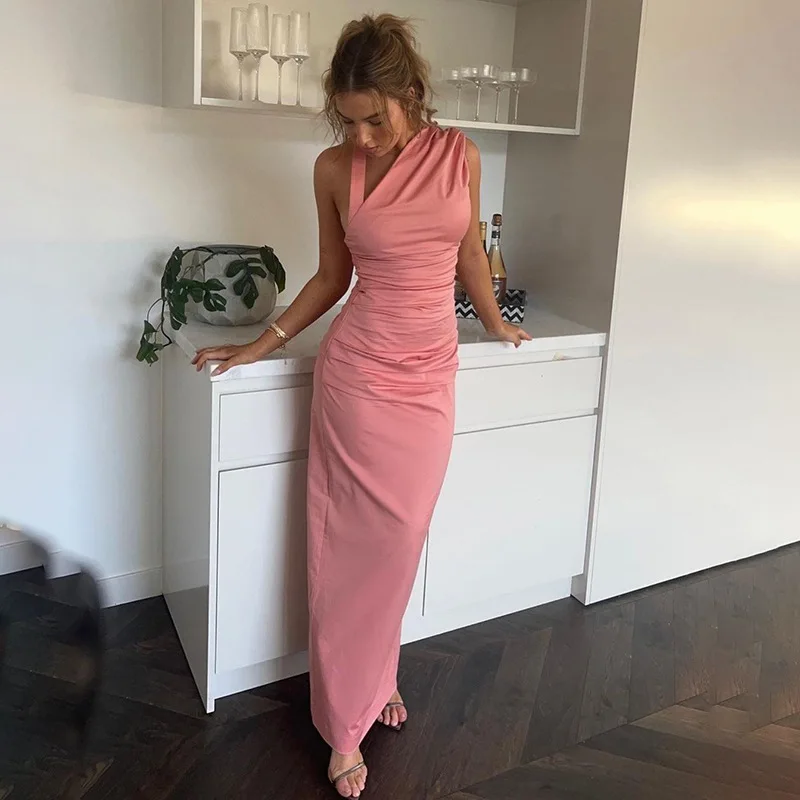 Slanted Collar Halter Ruched Maxi Dress - Image 5
