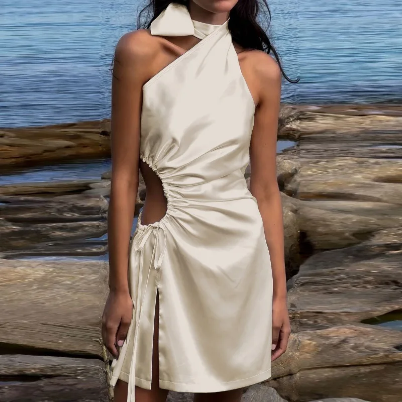 Slanted Neck Bows Waist Hollow Lace Up Prom Dress - Image 2