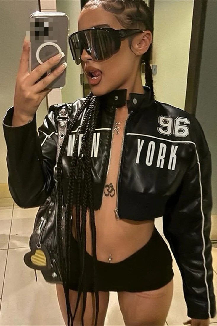 Slim Crop Zip Printed Panel Leather Jacket - Image 3
