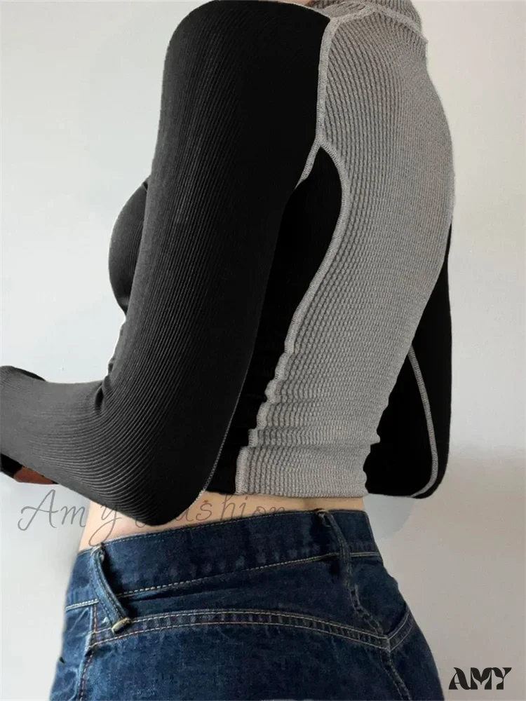 Amy Fashion - Slim Fit Contrast Color High Neck Long Sleeve T-shirts - Image 2