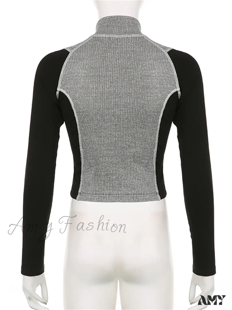 Amy Fashion - Slim Fit Contrast Color High Neck Long Sleeve T-shirts - Image 3