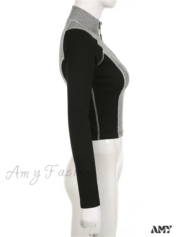 Amy Fashion - Slim Fit Contrast Color High Neck Long Sleeve T-shirts - Image 4